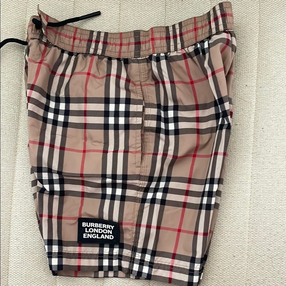 Burberry Boys Beige Black Red Plaid Swim Trunks